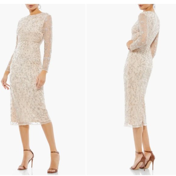 MAC DUGGAL 10812 BEADED TEA LENGTH SEMI SHEER SLEEVE PORCELAIN MIDI DRESS sz 10 - Picture 1 of 5